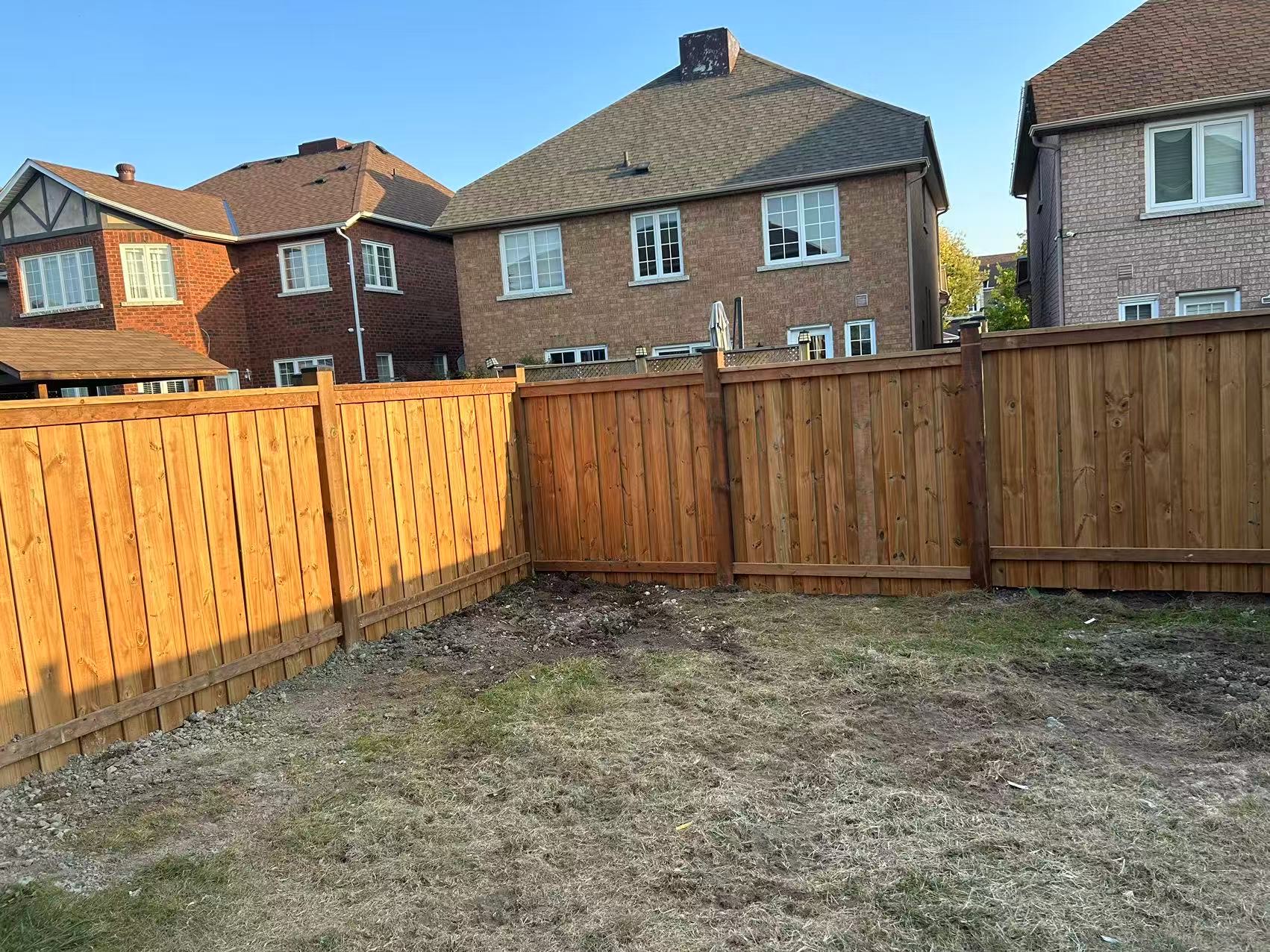 Freshly built cedar privacy fence — full backyard enclosure
